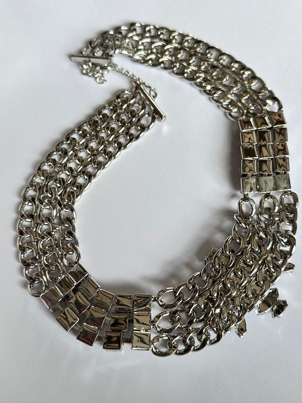 Vintage Silver Tone Chain Link Diamanté Statement Necklace