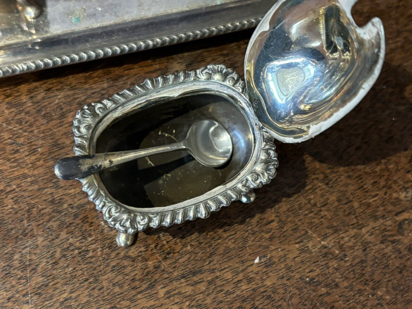 Silver Plate Salt & Pepper And Sauce Set On Tray