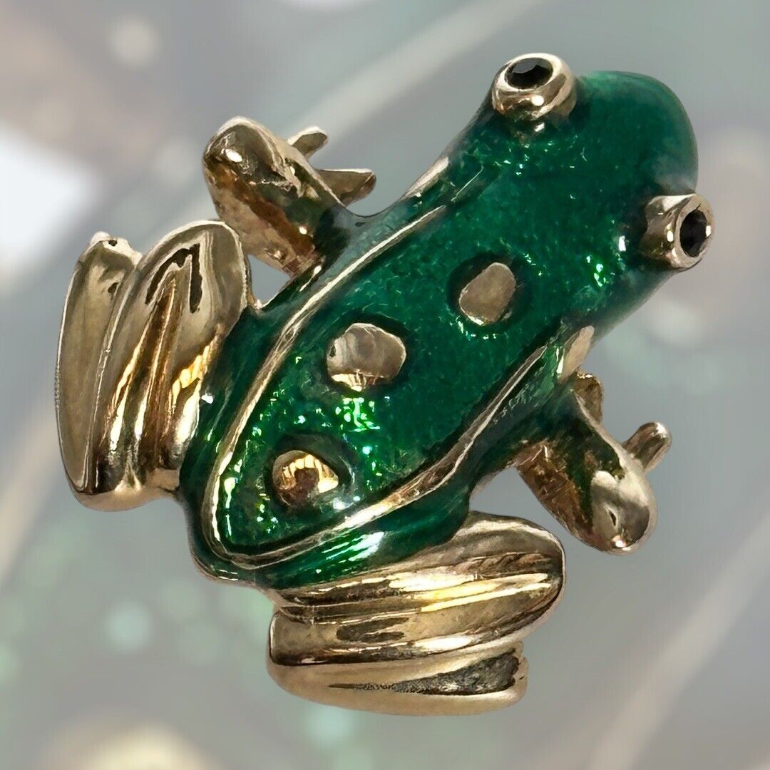 Vintage Gold Tone Green Enamel Frog Brooch