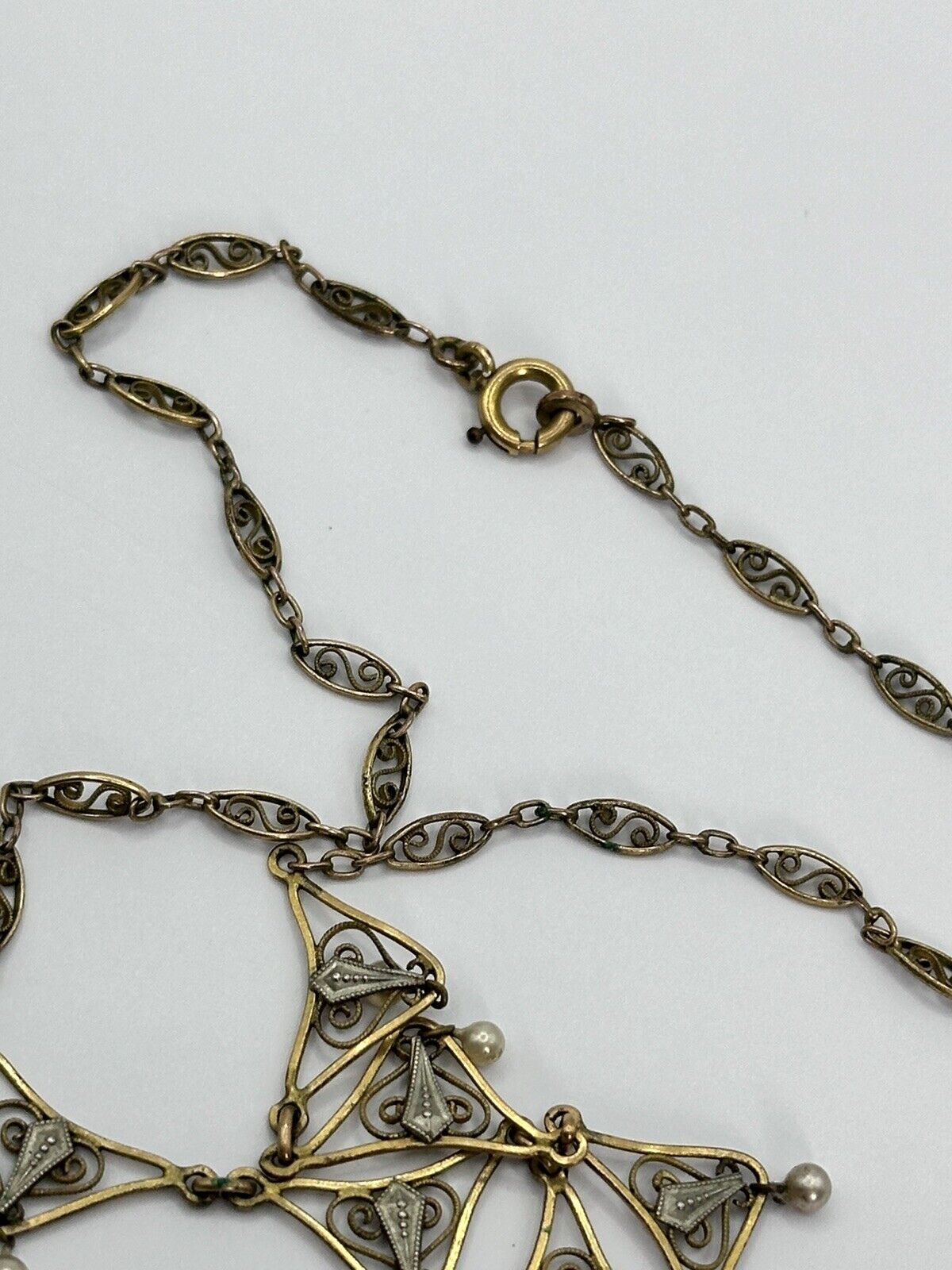 Vintage Gold Silver Tone Cut Out Faux Pearl Drop Necklace