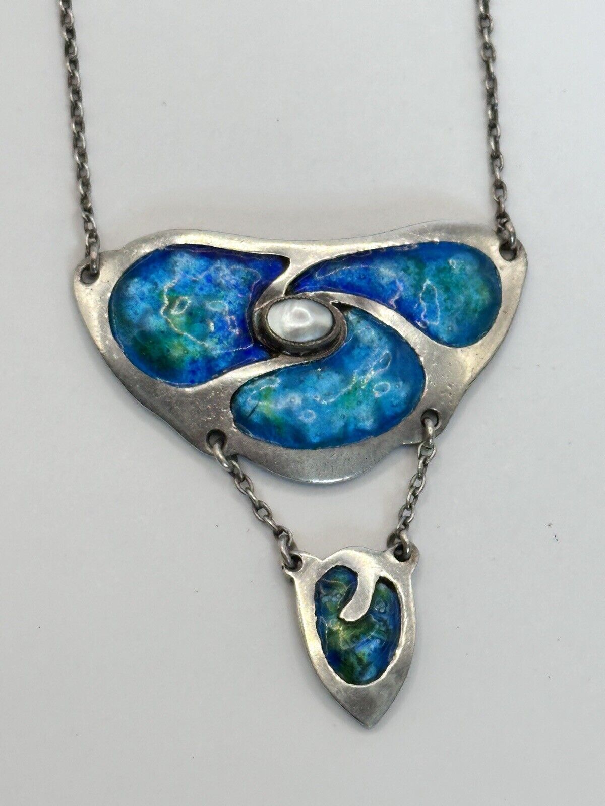 Arts & Crafts Sterling Silver Blue Green Enamel Pearl Lavaliere Necklace