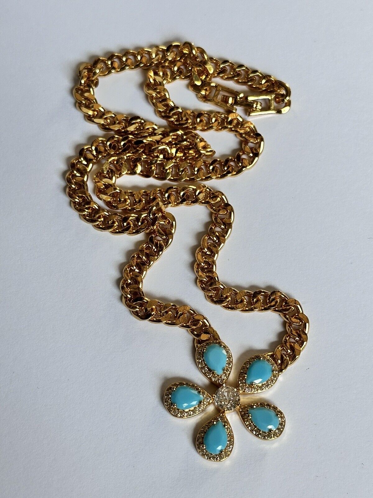 Vintage Gold Plated Faux Turquoise Diamanté Flower Necklace