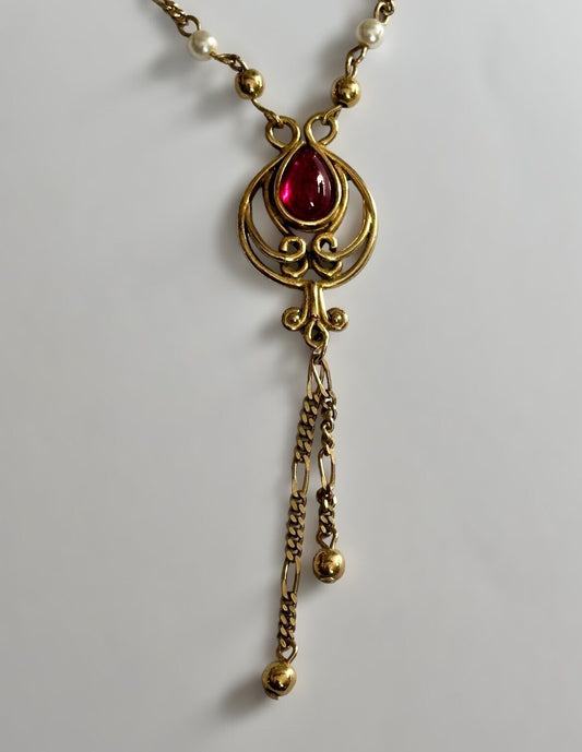 Vintage Pink Cabochon Lavaliere Gold Plated Necklace