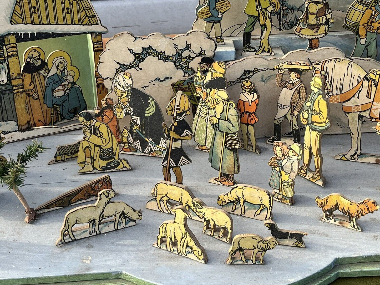 1950's Nativity Set, Wood With Printed Decoration. HUGE IN SIZE.
