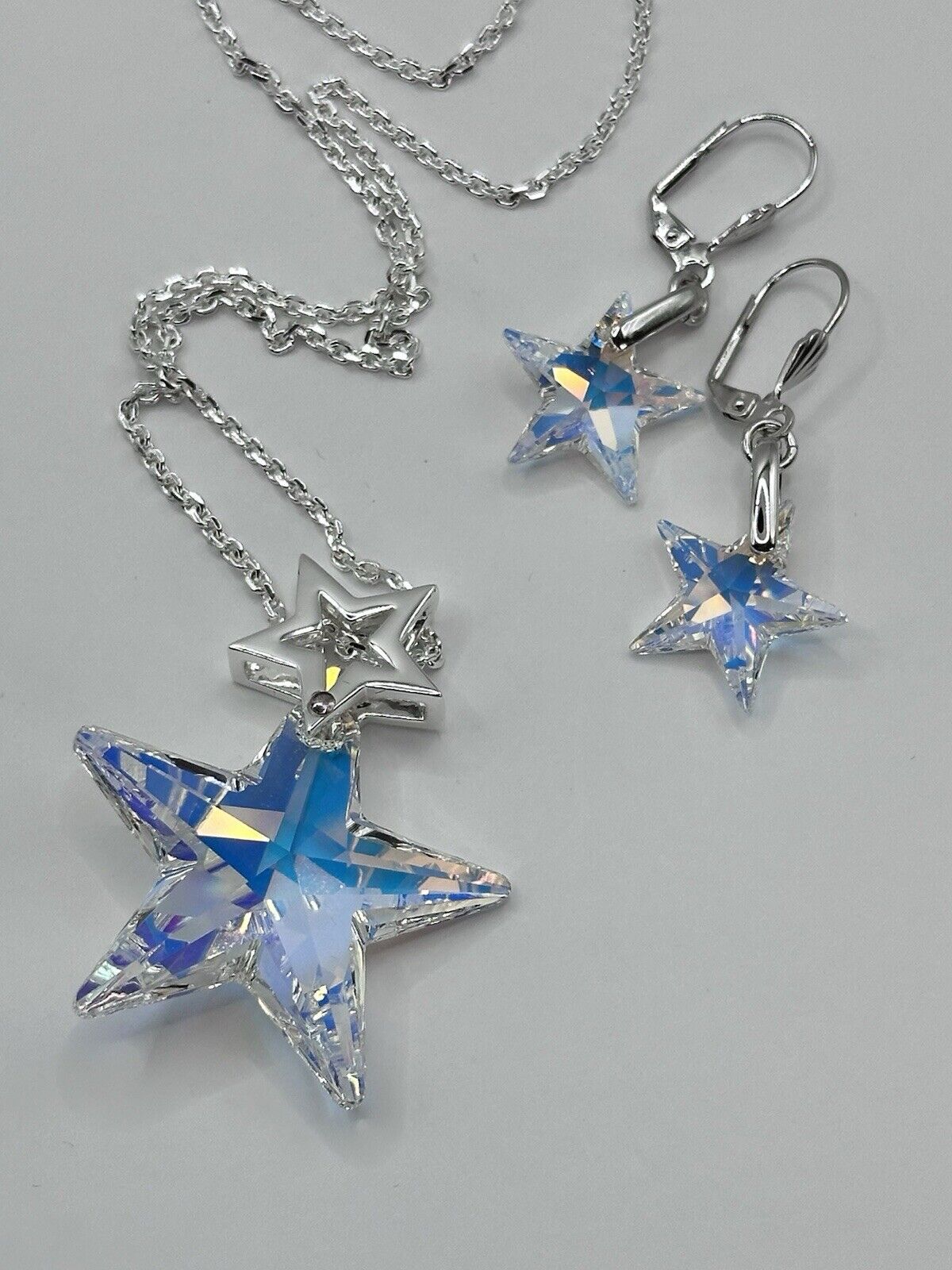 Vintage 1980s Rhodium Plated Aurora Borealis Star Necklace And Earring Set