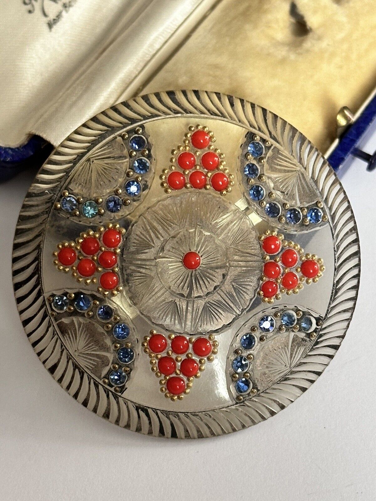Vintage Early French Carved Lucite Red Bead Blue Paste Detailed Brooch