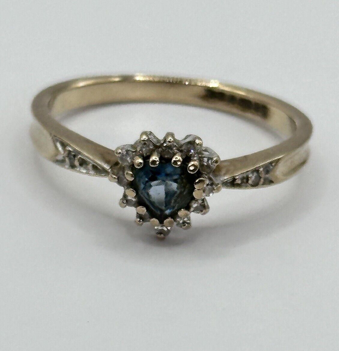 Vintage 9ct Gold Blue Heart Iolite Diamond Halo Ring