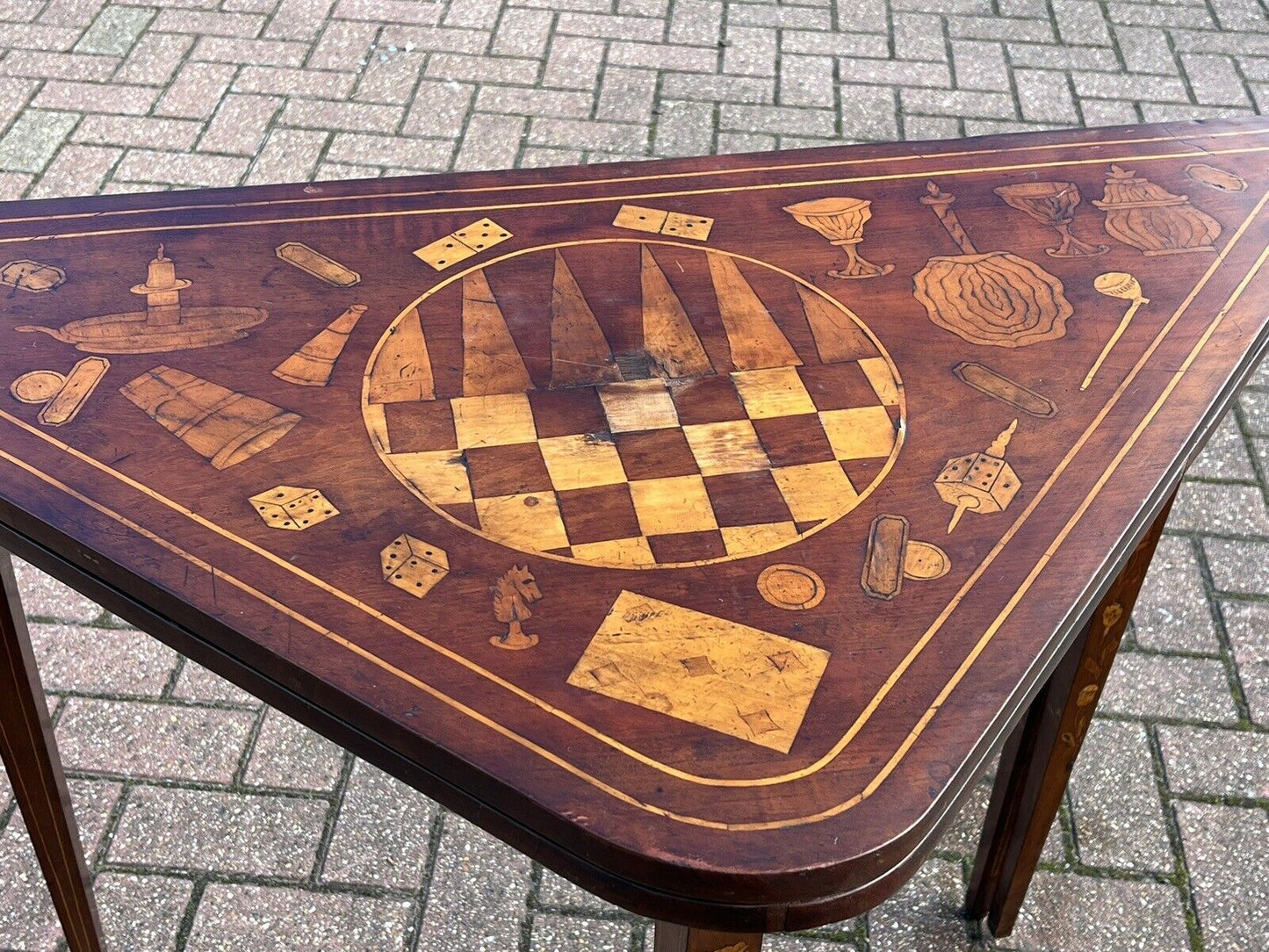 Antique Dutch Marquetry Games Table With Fold Over Lid And Card playing area