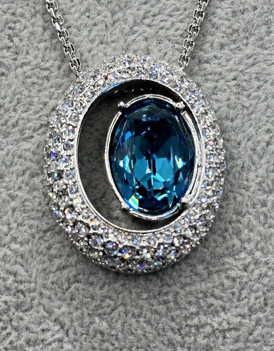 Vintage 1980s Rhodium Plated Blue Crystal Necklace New Old Stock