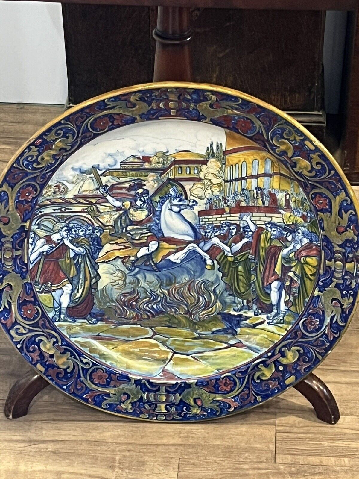 Majolica Roman Centurion Decorated Early 19th Century Huge Wall Chargers