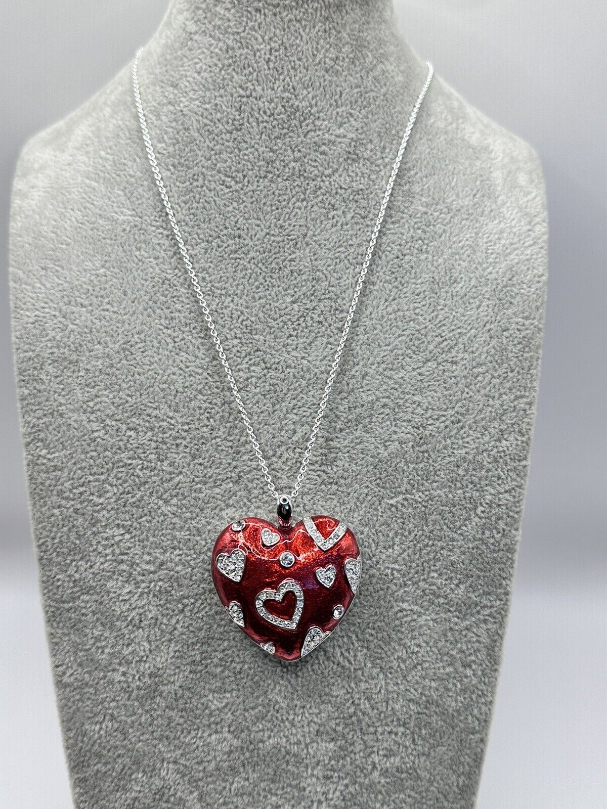 Vintage 1980s Rhodium Plated Red Heart Crystal Necklace New Old Stock