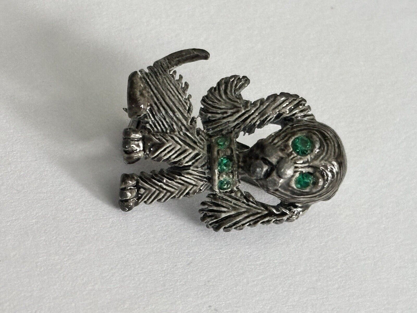 Vintage Silver Tone Green Diamanté Dog Brooch