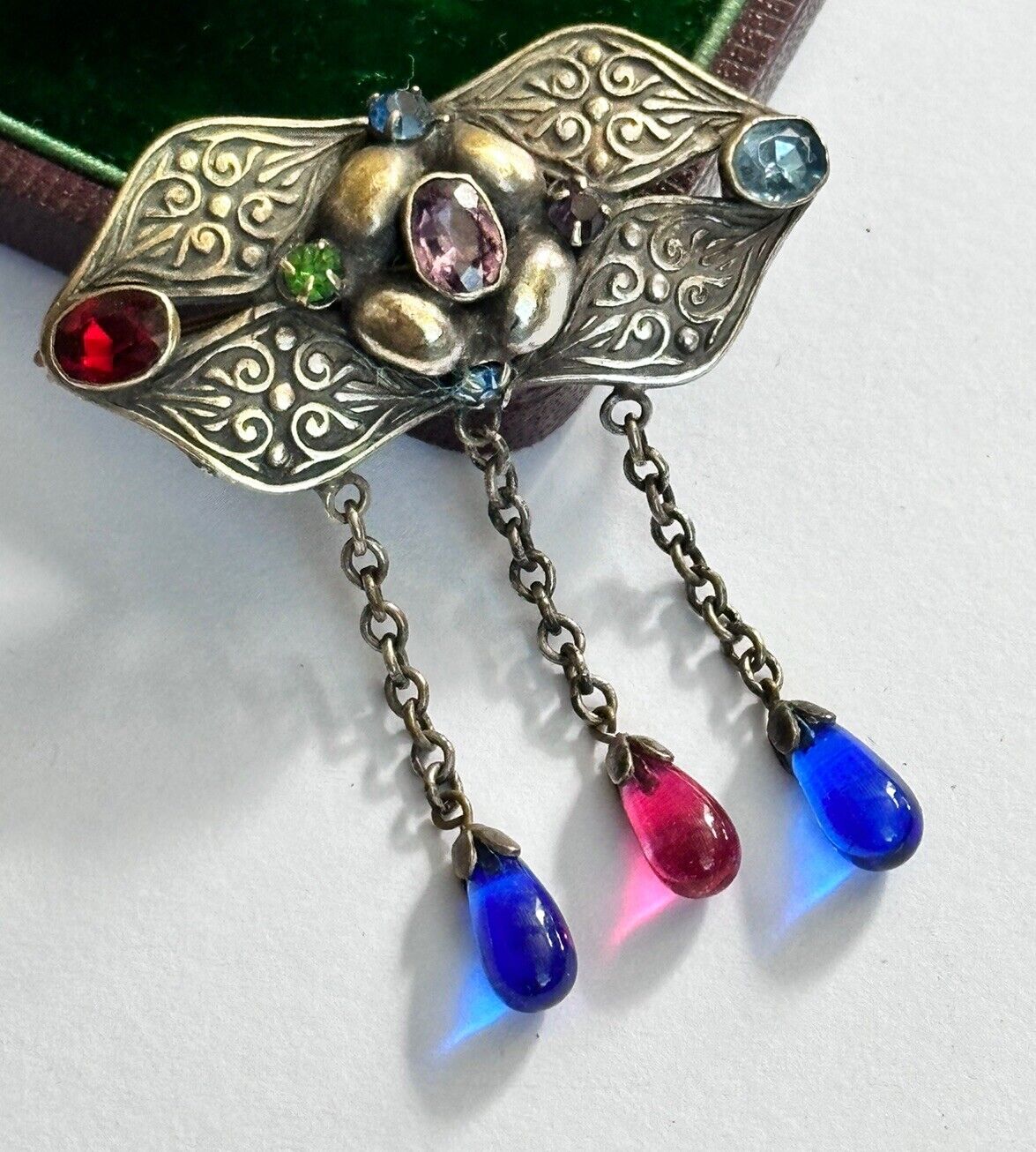 Vintage Antique Metal Czech Glass Multicoloured Brooch