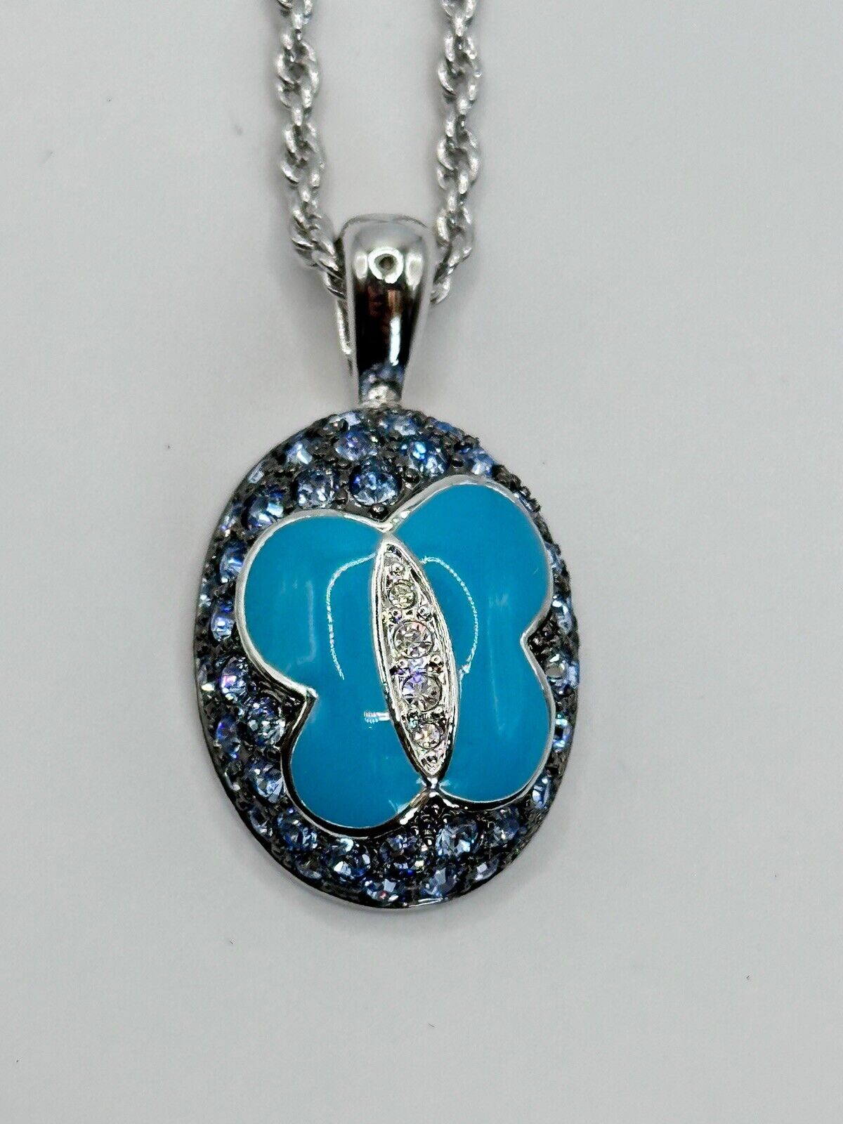 Vintage 1980s Rhodium Plated Blue Butterfly Diamanté Pendant Necklace