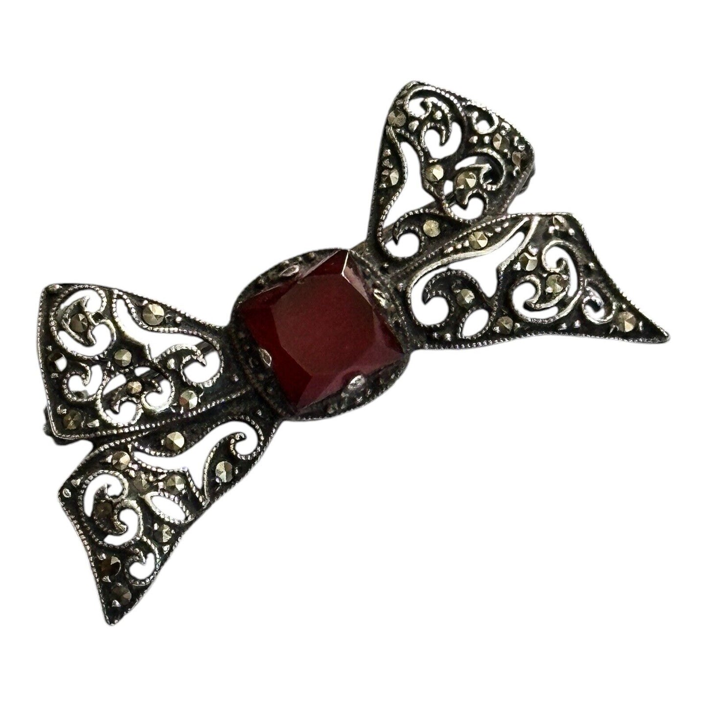 Vintage Antique Silver Marcasite Carnelian Bow Brooch
