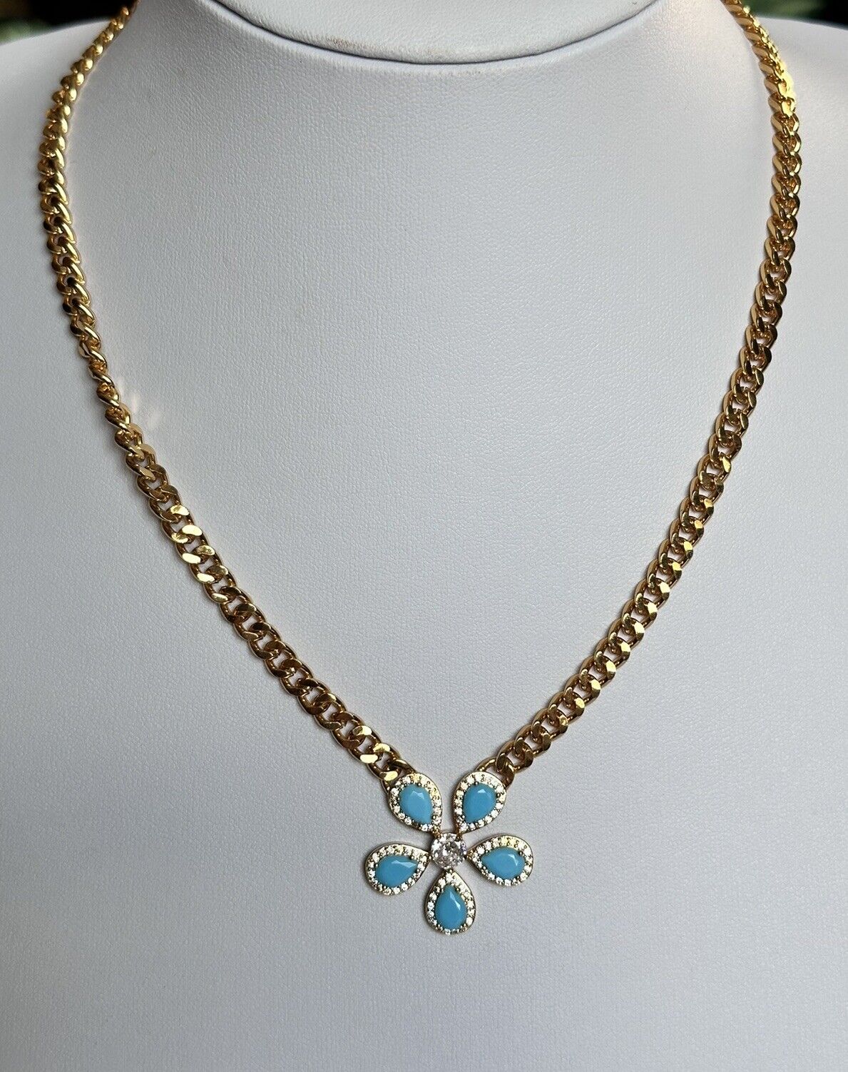 Vintage Gold Plated Faux Turquoise Diamanté Flower Necklace