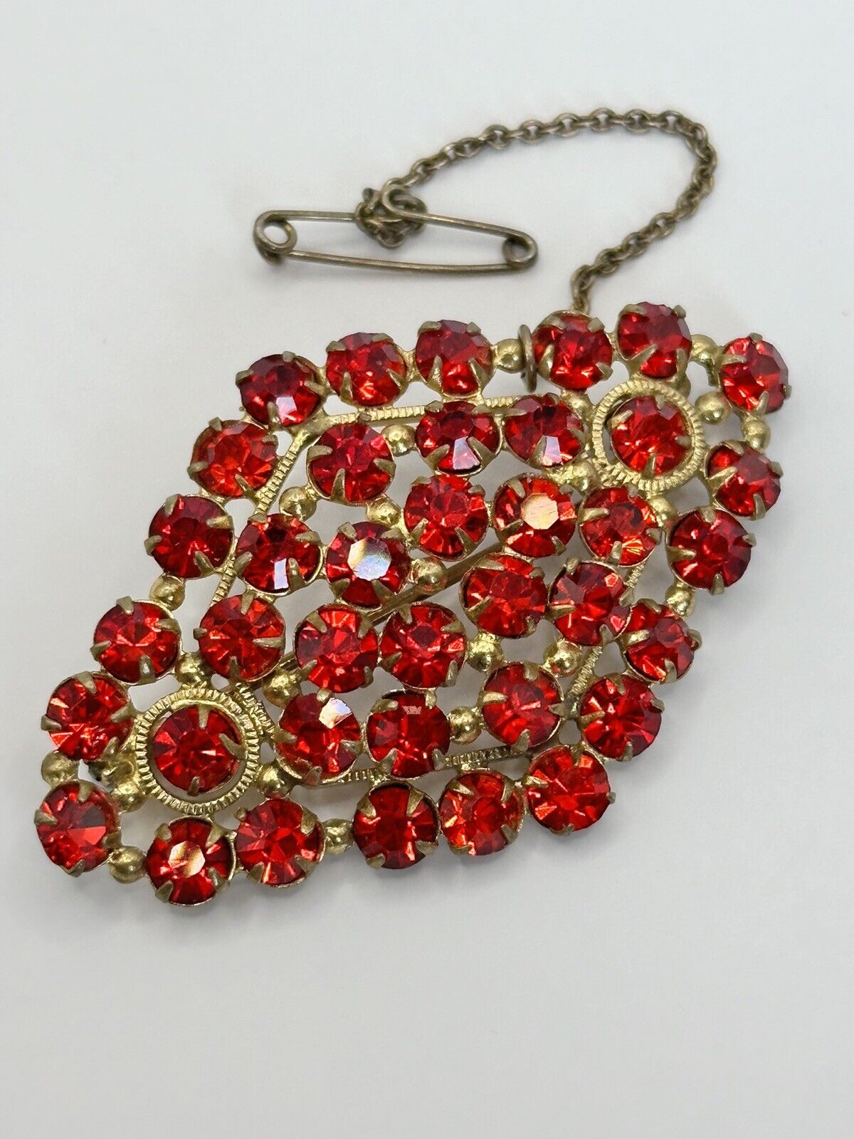 Vintage Gold Tone Red Czech Crystal Brooch Safety Chain