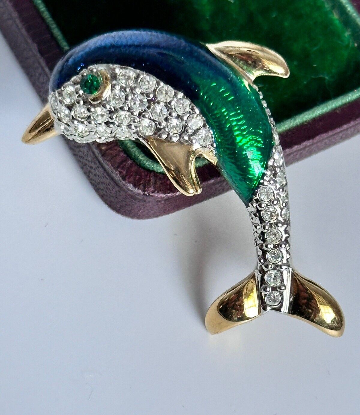 Vintage Gold Plated Blue Green Enamel Diamanté Dolphin Brooch
