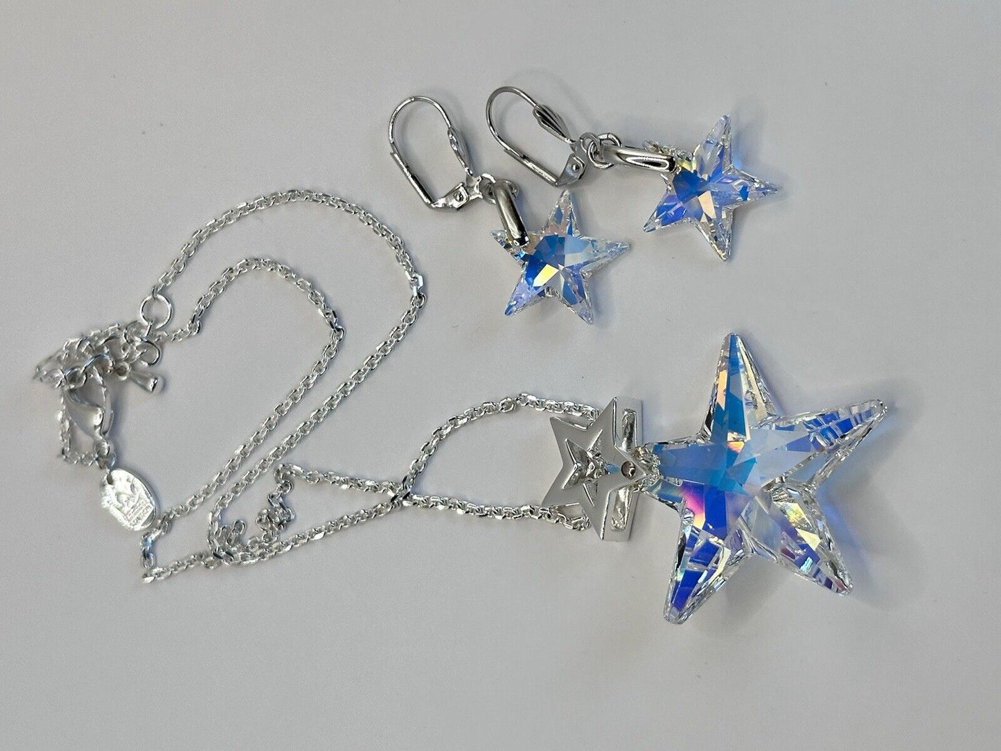 Vintage 1980s Rhodium Plated Aurora Borealis Star Necklace And Earring Set