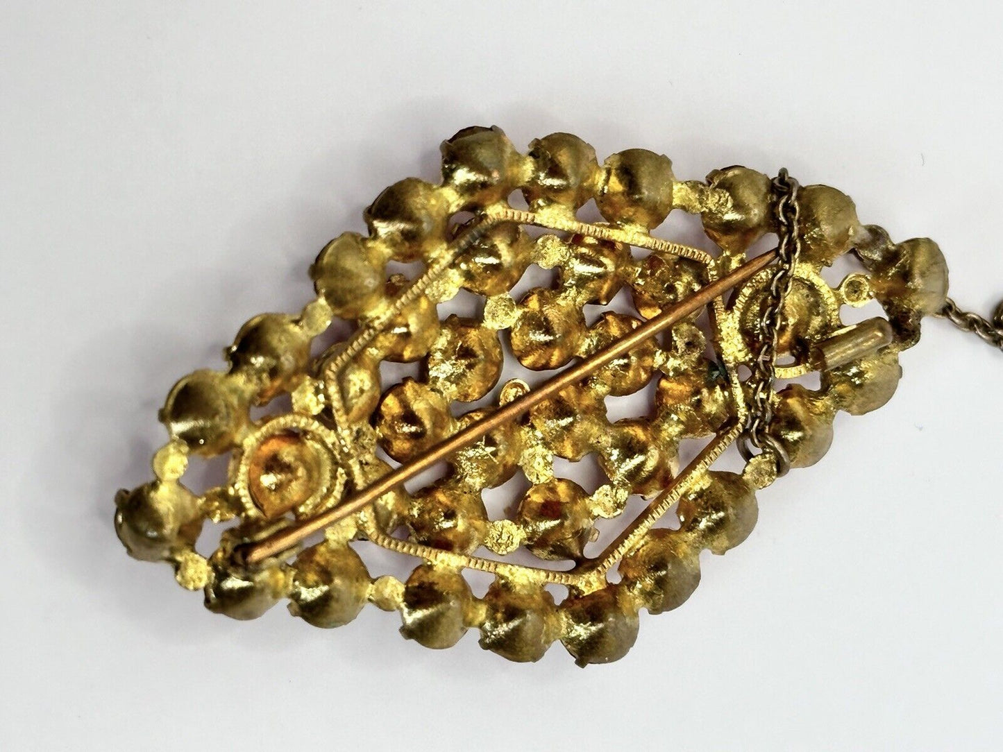 Vintage Gold Tone Red Czech Crystal Brooch Safety Chain