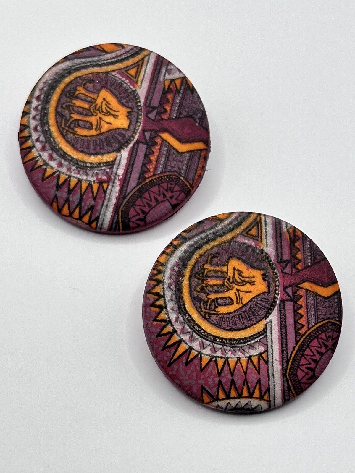 Vintage Ethnic Pink Orange Patterned Disk Clip On Earrings