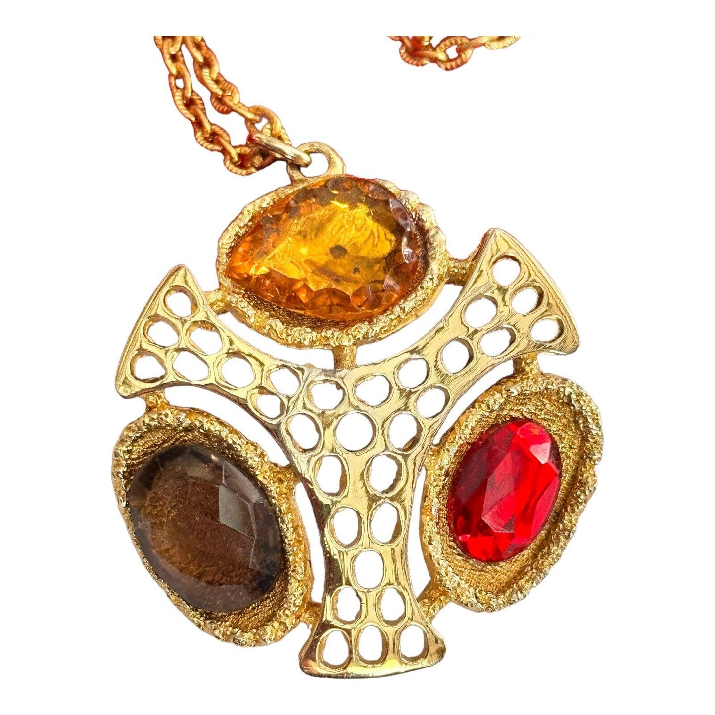 Vintage 60s/70s Gold Tone Red Orange Stone Pendant Necklace