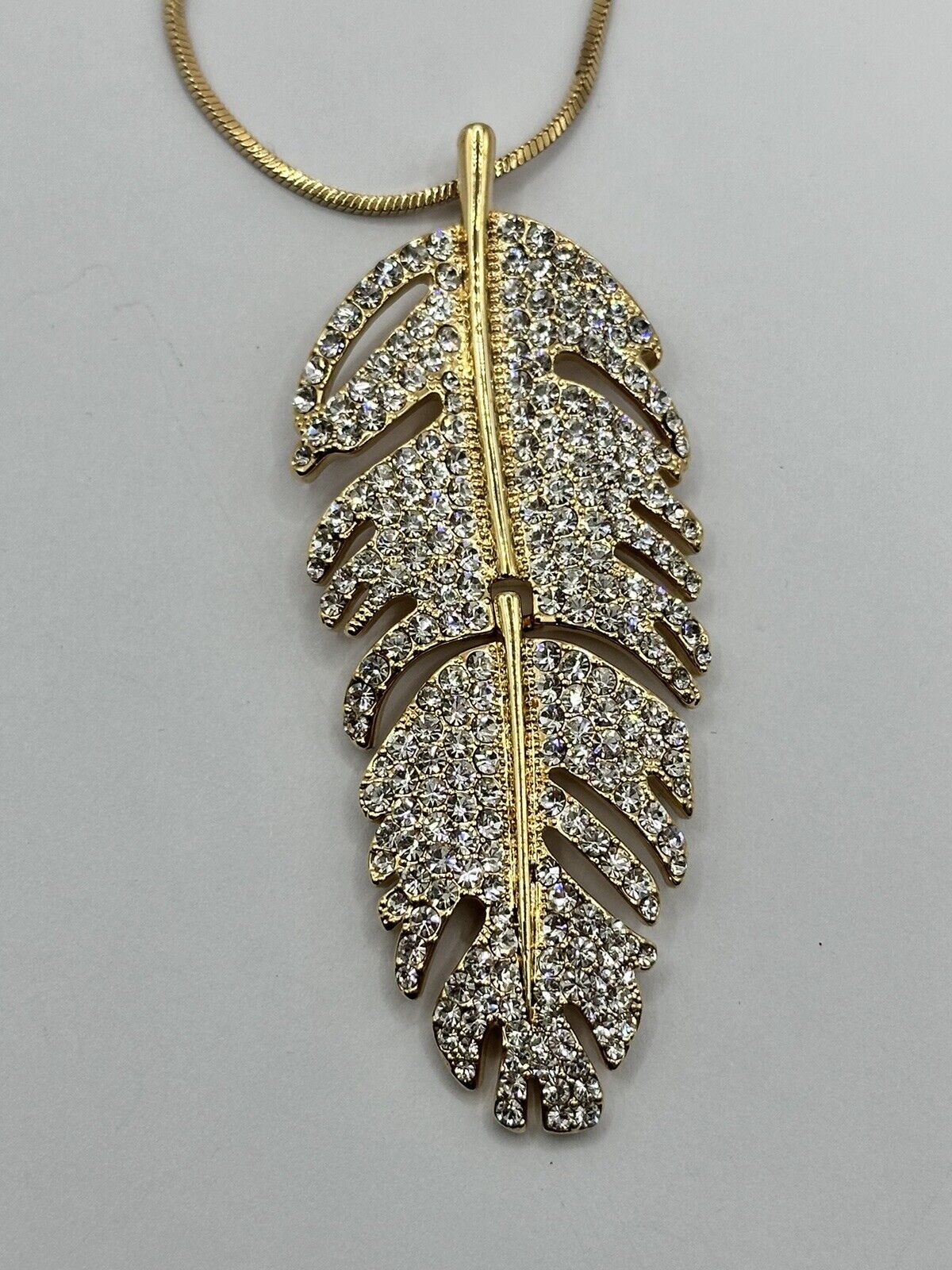 Vintage Gold Tone Diamanté Feather Pendant Necklace