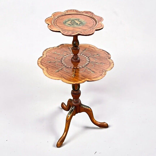Edwardian Satin Walnut Painted Tea Table, Decorated With Cherubs And Foliage