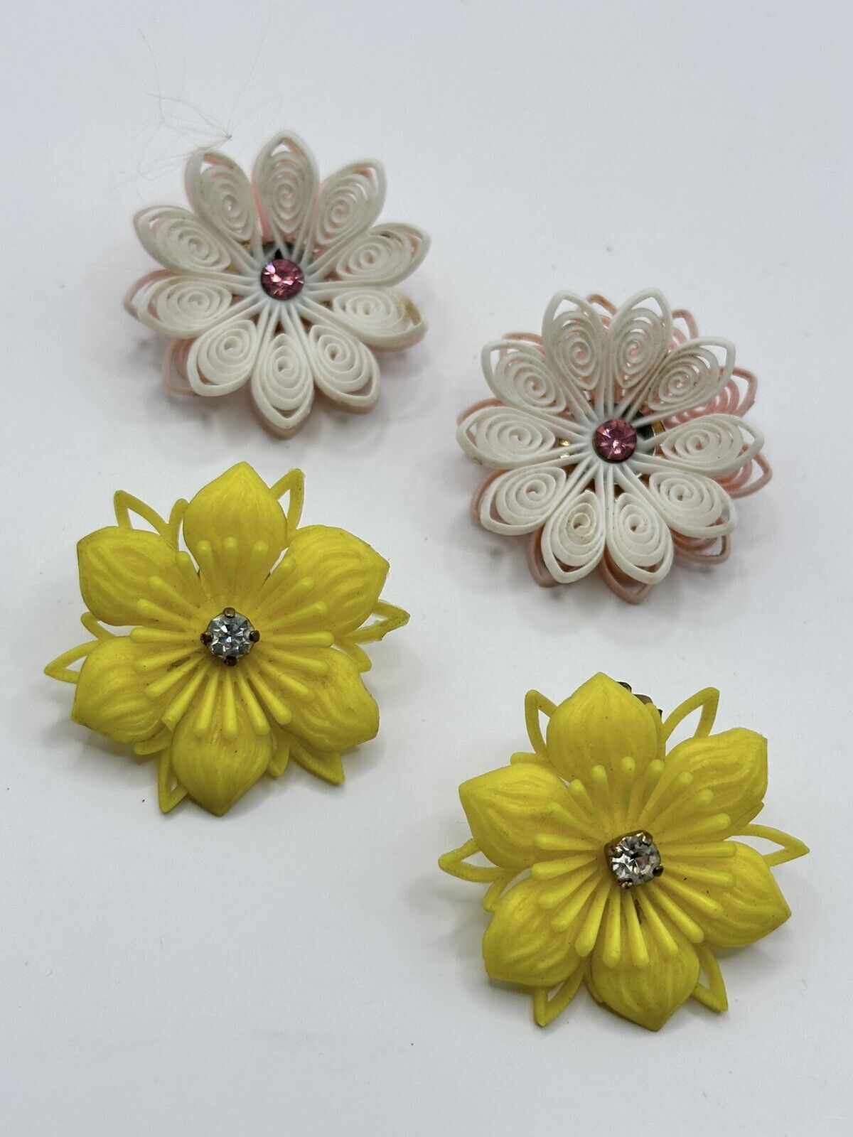 Vintage 1950s Plastic Flower Pink Yellow Clip On Earrings Set Of 2
