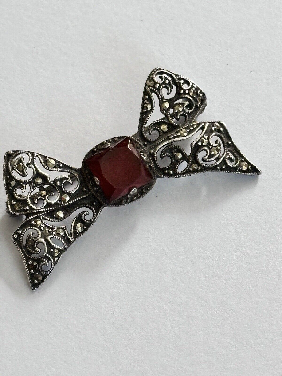 Vintage Antique Silver Marcasite Carnelian Bow Brooch