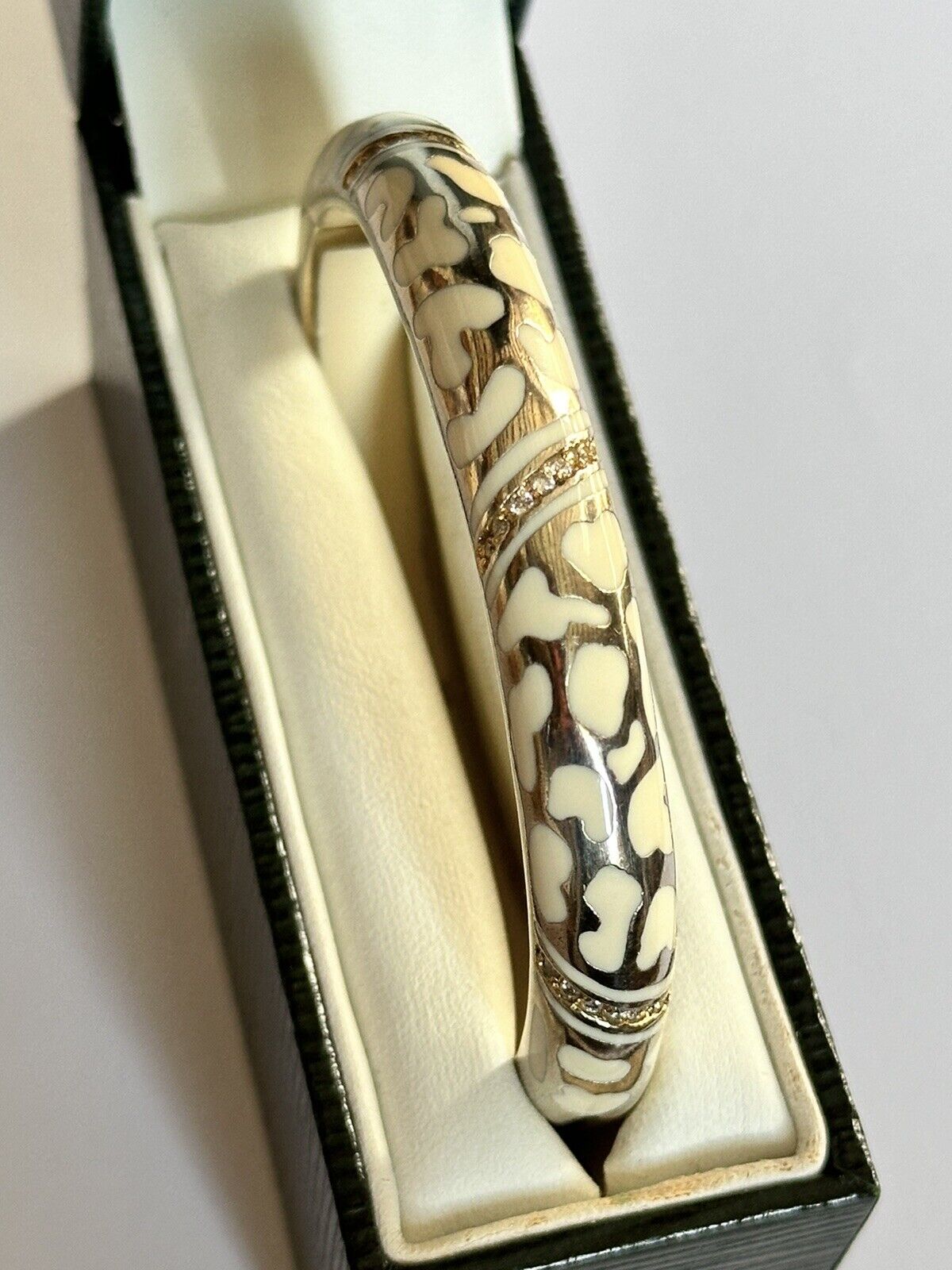 Designer Andrew Hamilton Crawford Gold Wash Cream Enamel Diamanté Hinged Bangle