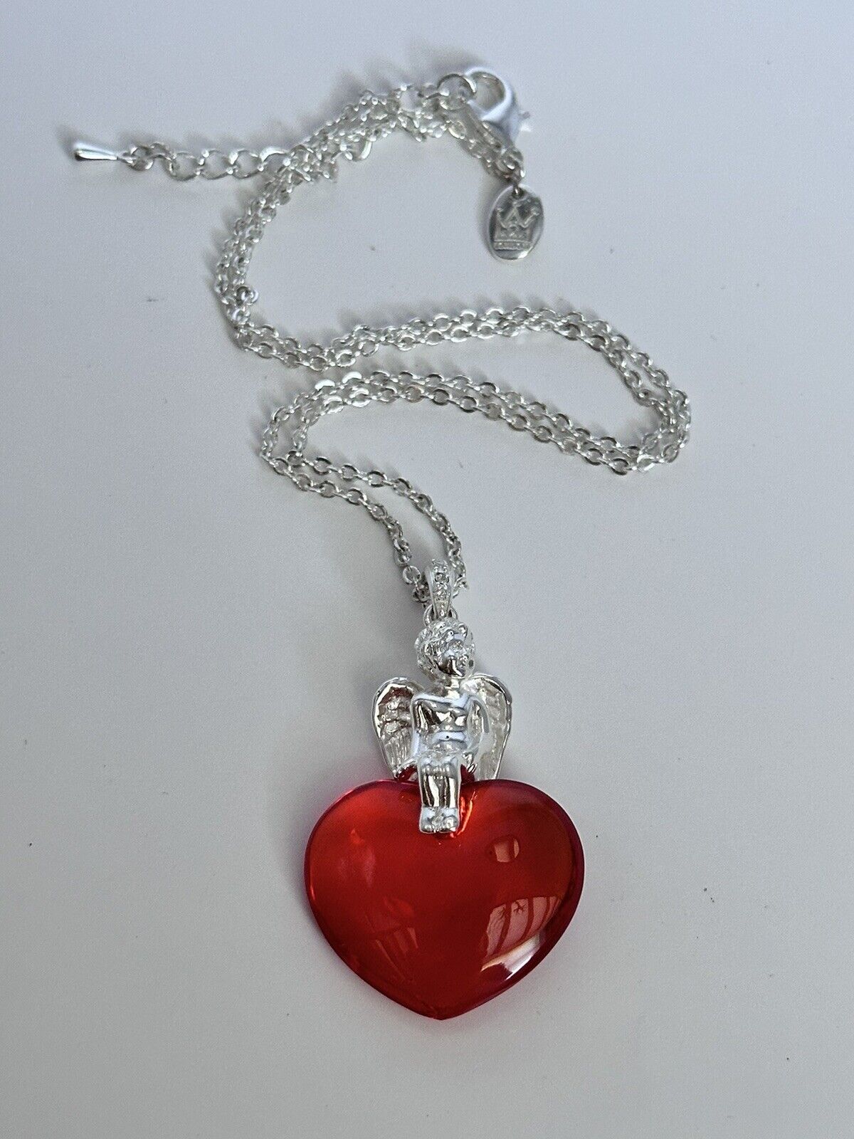 Vintage 1980s Rhodium Plated Cherub Glass Heart Necklace New Old Stock
