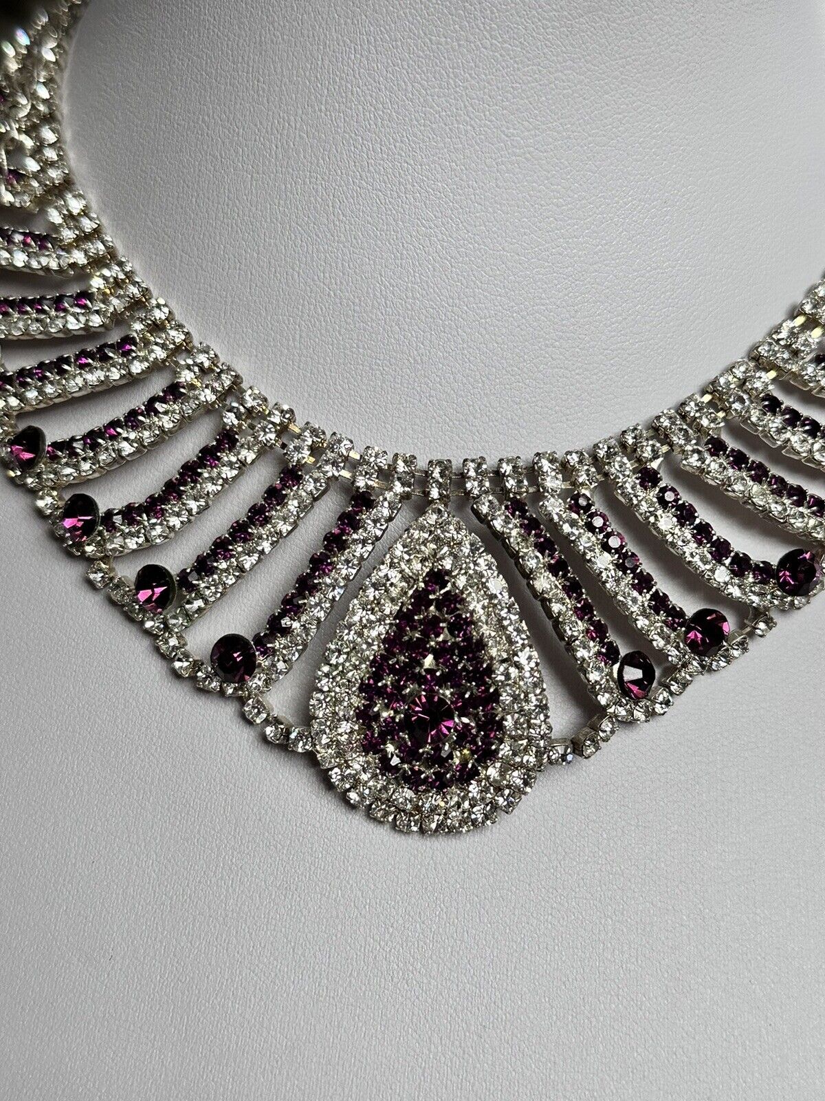 Vintage Silver Tone Clear Purple Diamantés Teardrop Statement Necklace