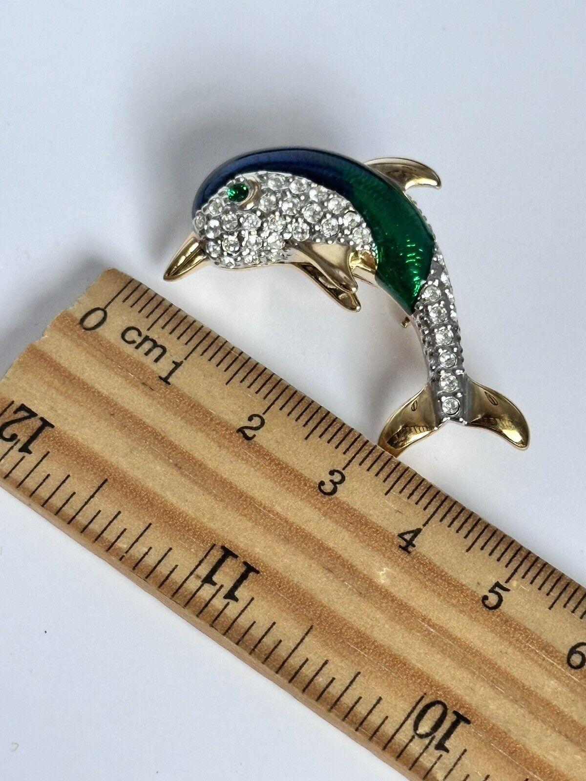 Vintage Gold Plated Blue Green Enamel Diamanté Dolphin Brooch