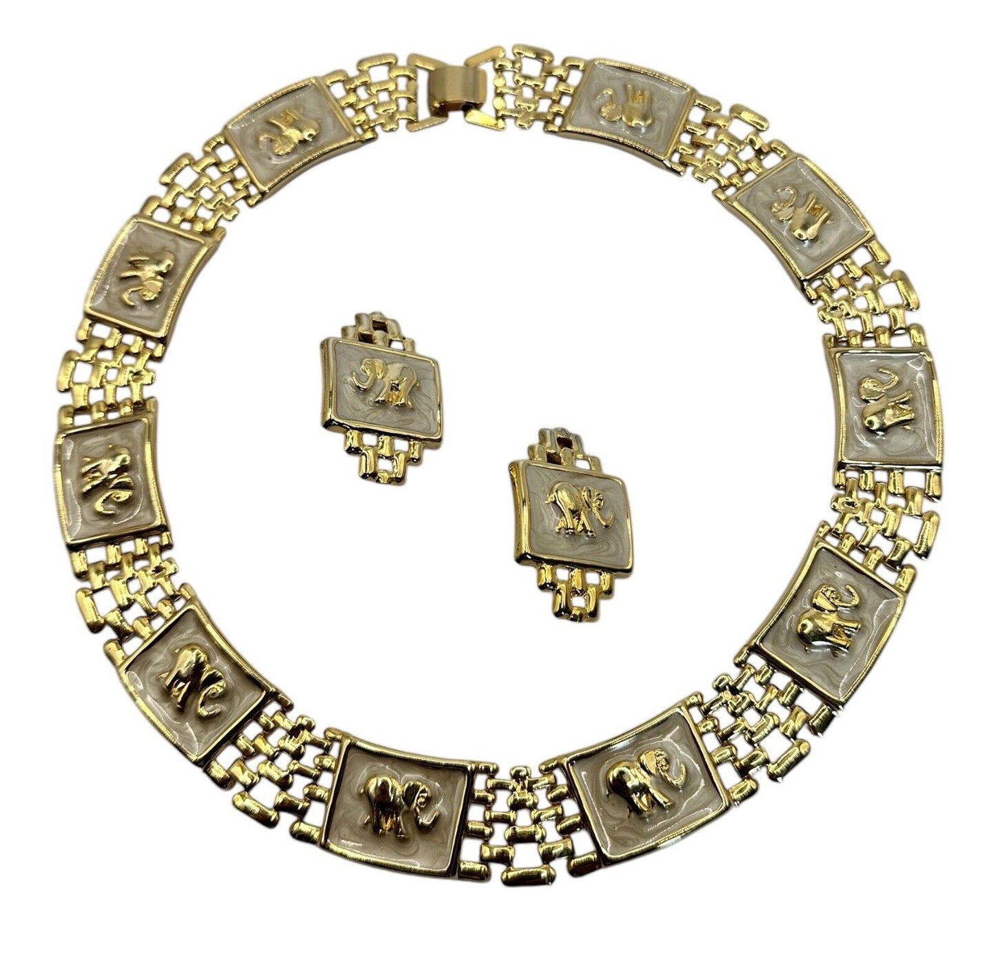 Vintage Gold Tone Enamel Elephant Necklace Clip On Earring Set