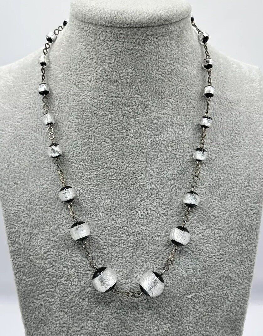 Vintage Deco Foiled Czech Glass Silver Black On Rolled Gold Chain