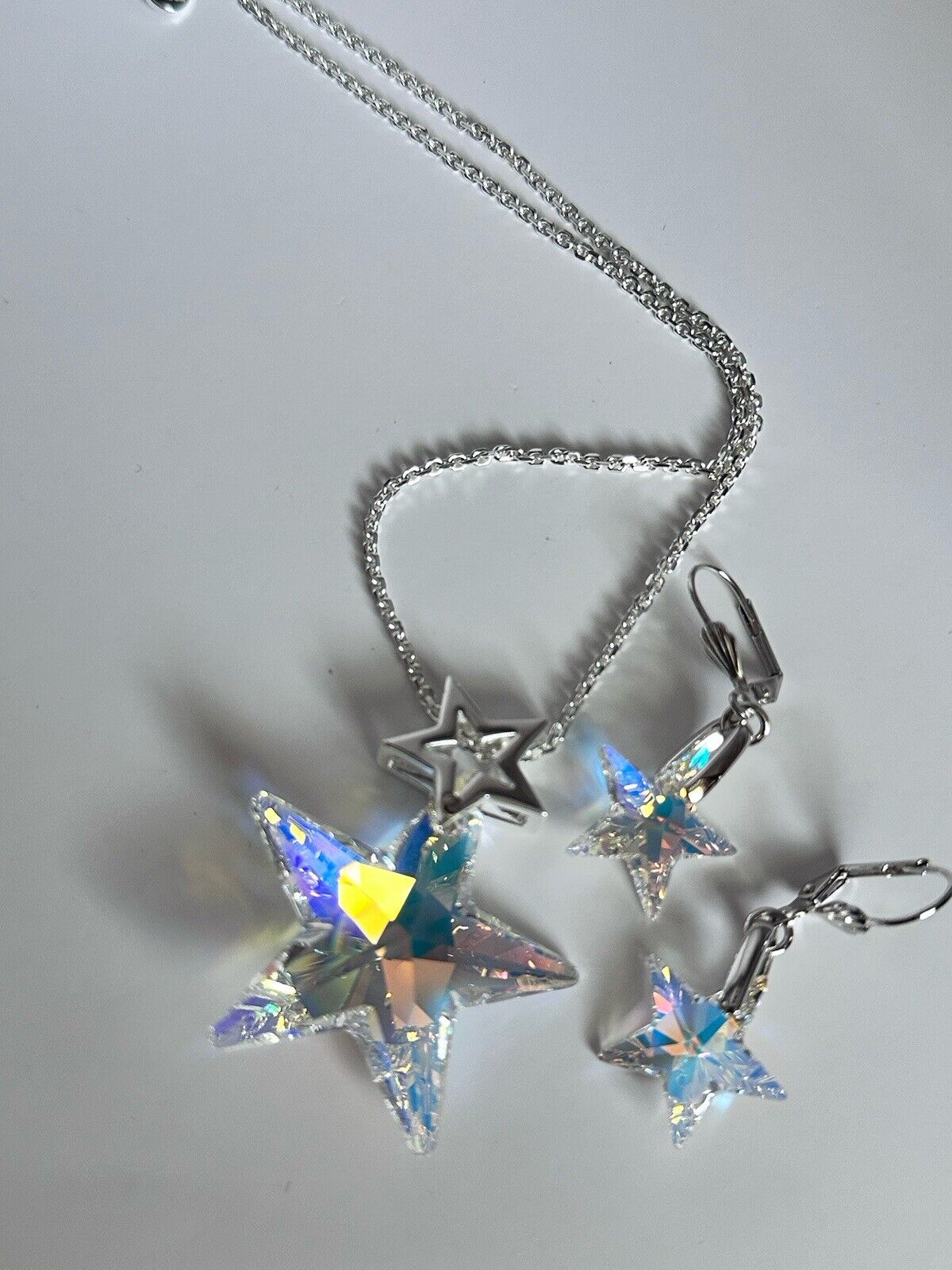 Vintage 1980s Rhodium Plated Aurora Borealis Star Necklace And Earring Set