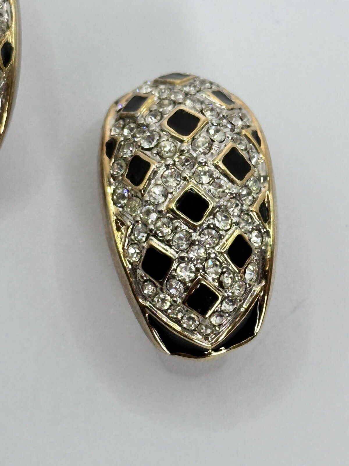 Vintage Gold Plated Black Enamel Diamanté Clip On Earrings