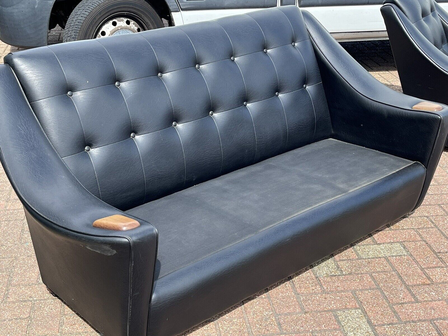 Black Mid Century 3 Seater Settee Sofa & 2 Matching Armchairs.