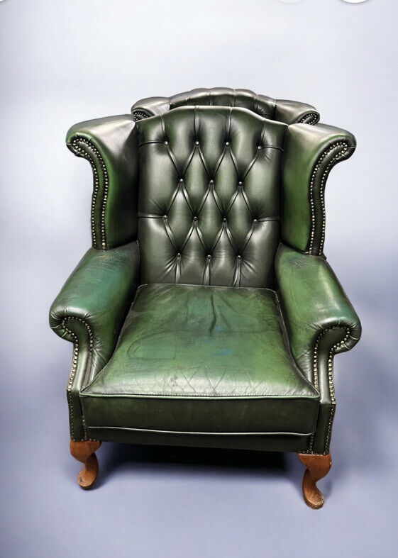 Green Leather Armchairs. Good Quality, Buttoned Back, Impressive