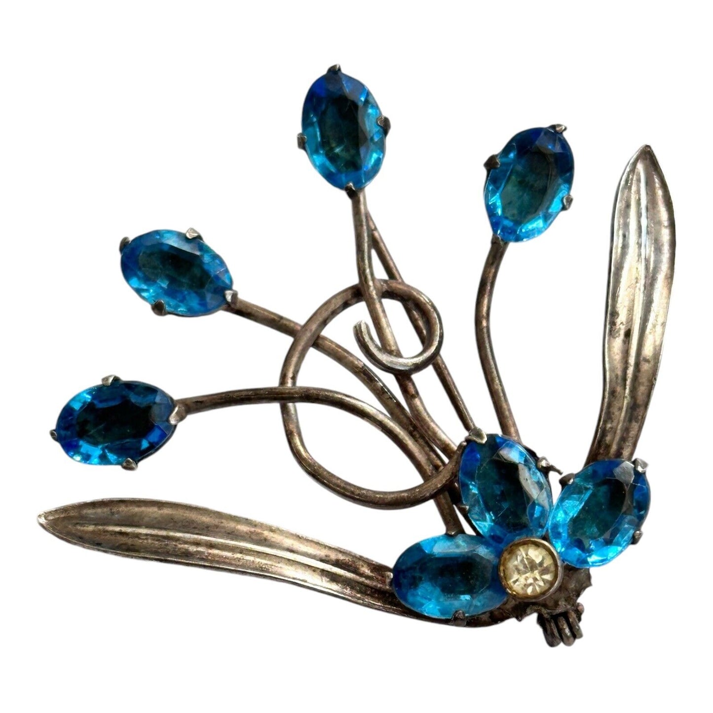 Vintage Silver Tone Blue Stone Flower Spray Brooch