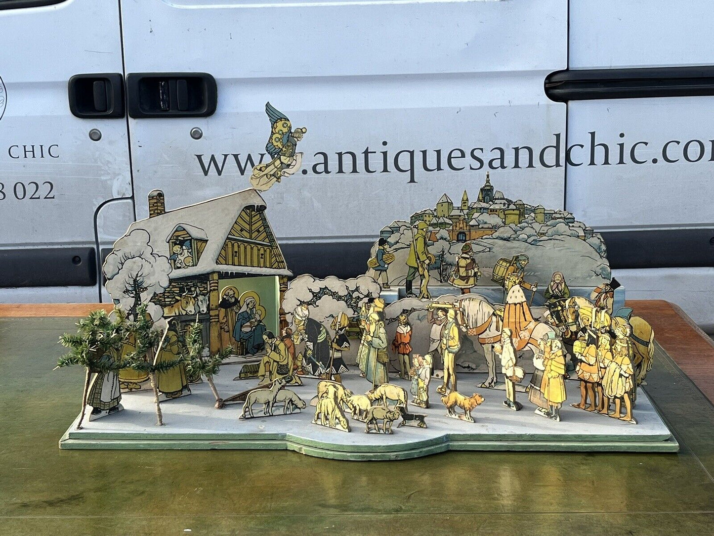 1950's Nativity Set, Wood With Printed Decoration. HUGE IN SIZE.