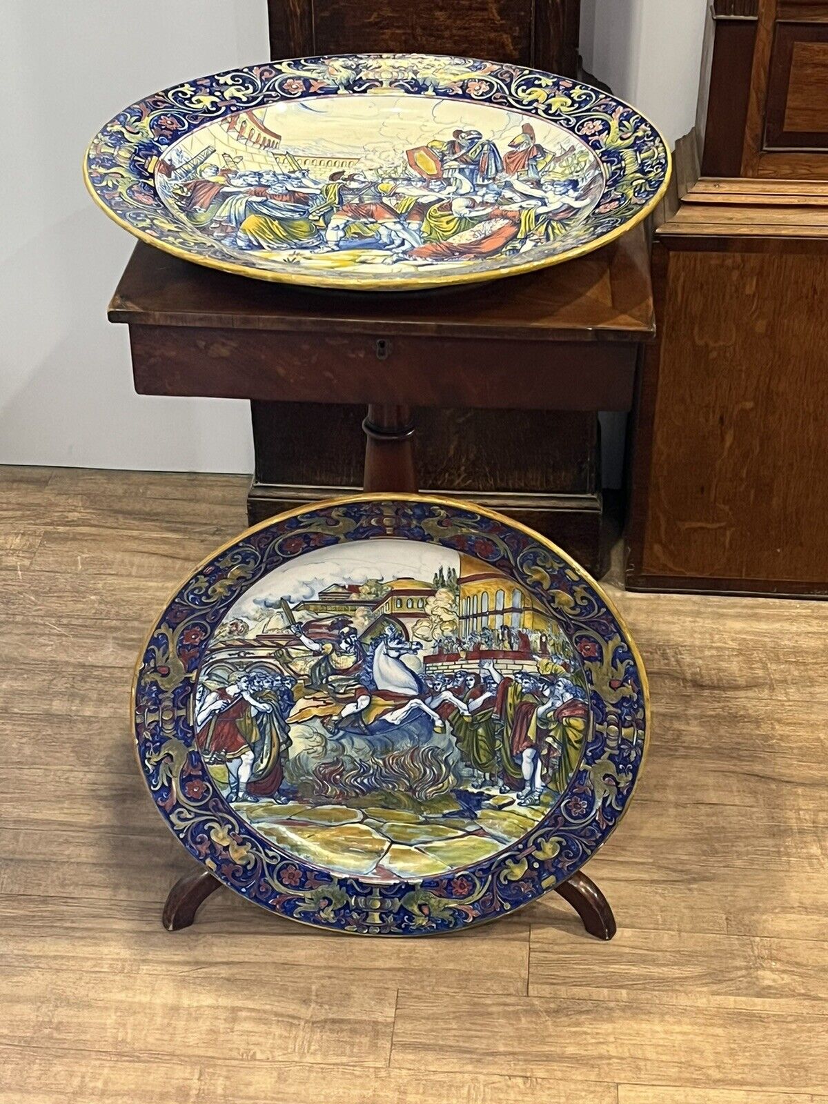 Majolica Roman Centurion Decorated Early 19th Century Huge Wall Chargers