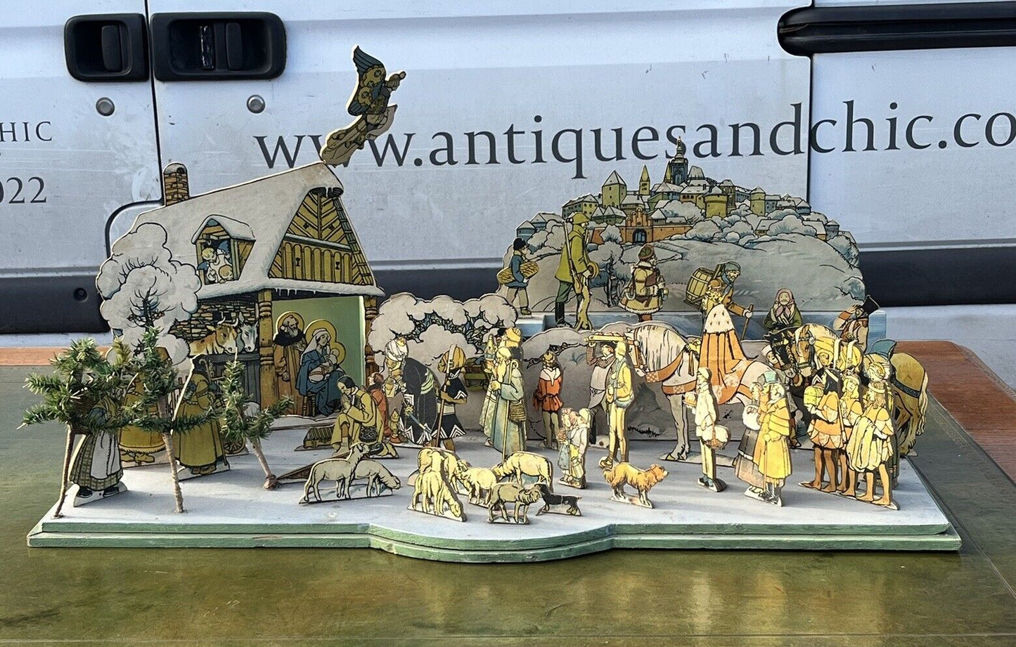 1950's Nativity Set, Wood With Printed Decoration. HUGE IN SIZE.