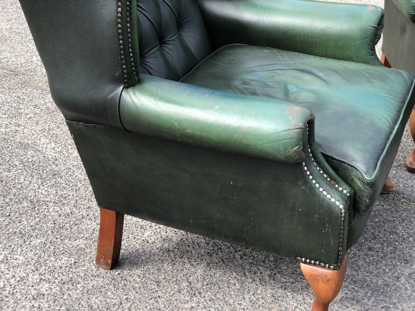 Green Leather Armchairs. Good Quality, Buttoned Back, Impressive