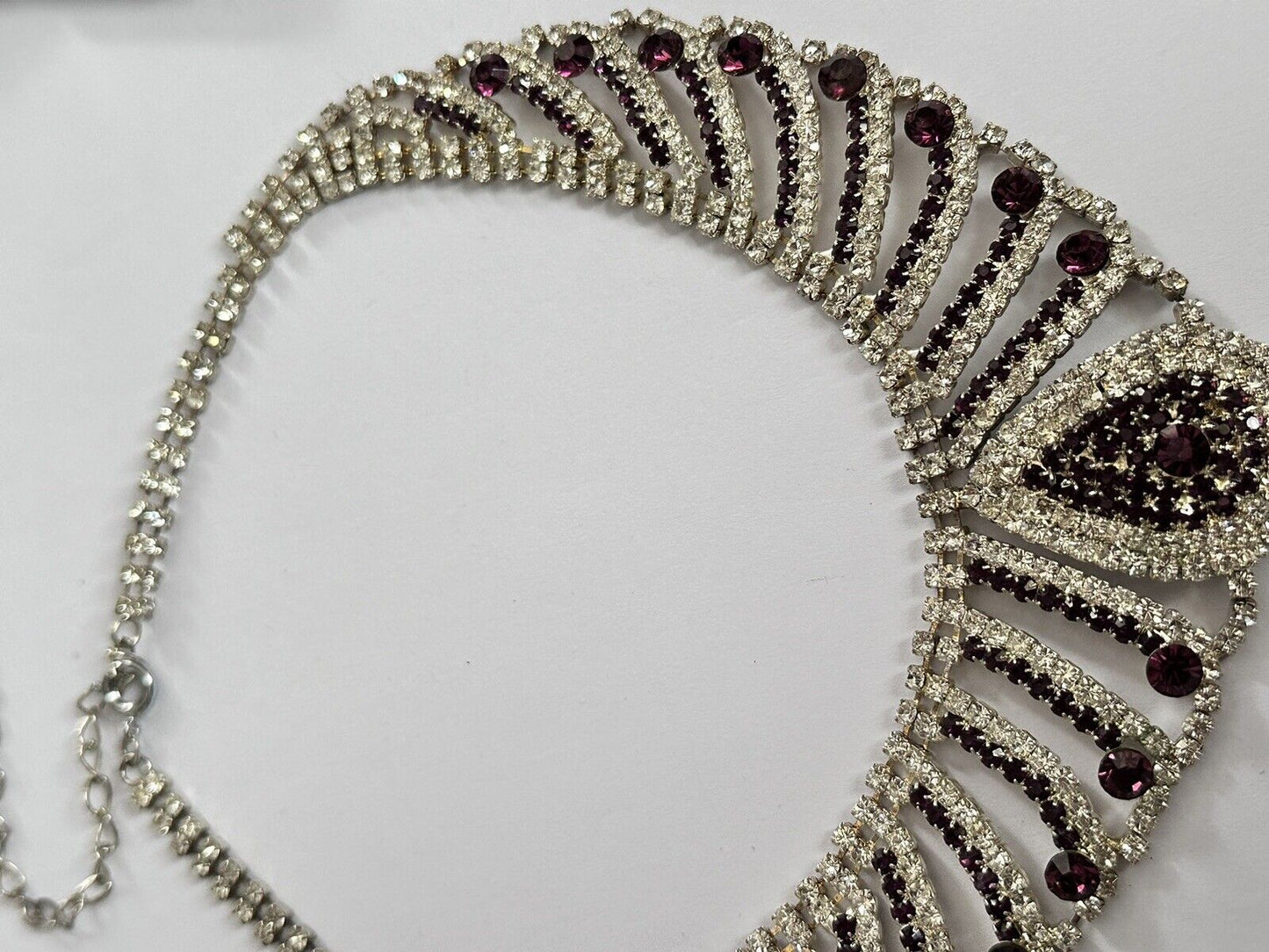 Vintage Silver Tone Clear Purple Diamantés Teardrop Statement Necklace