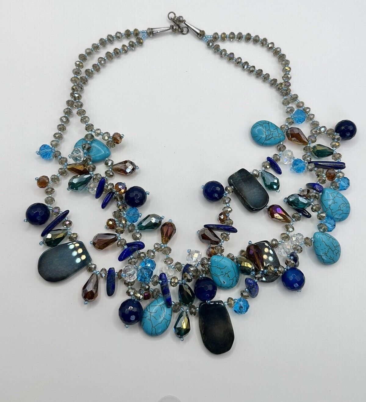 Turquoise Lapis Lazuli Natural Stone Crystal Statement Necklace Silver 925 Clasp