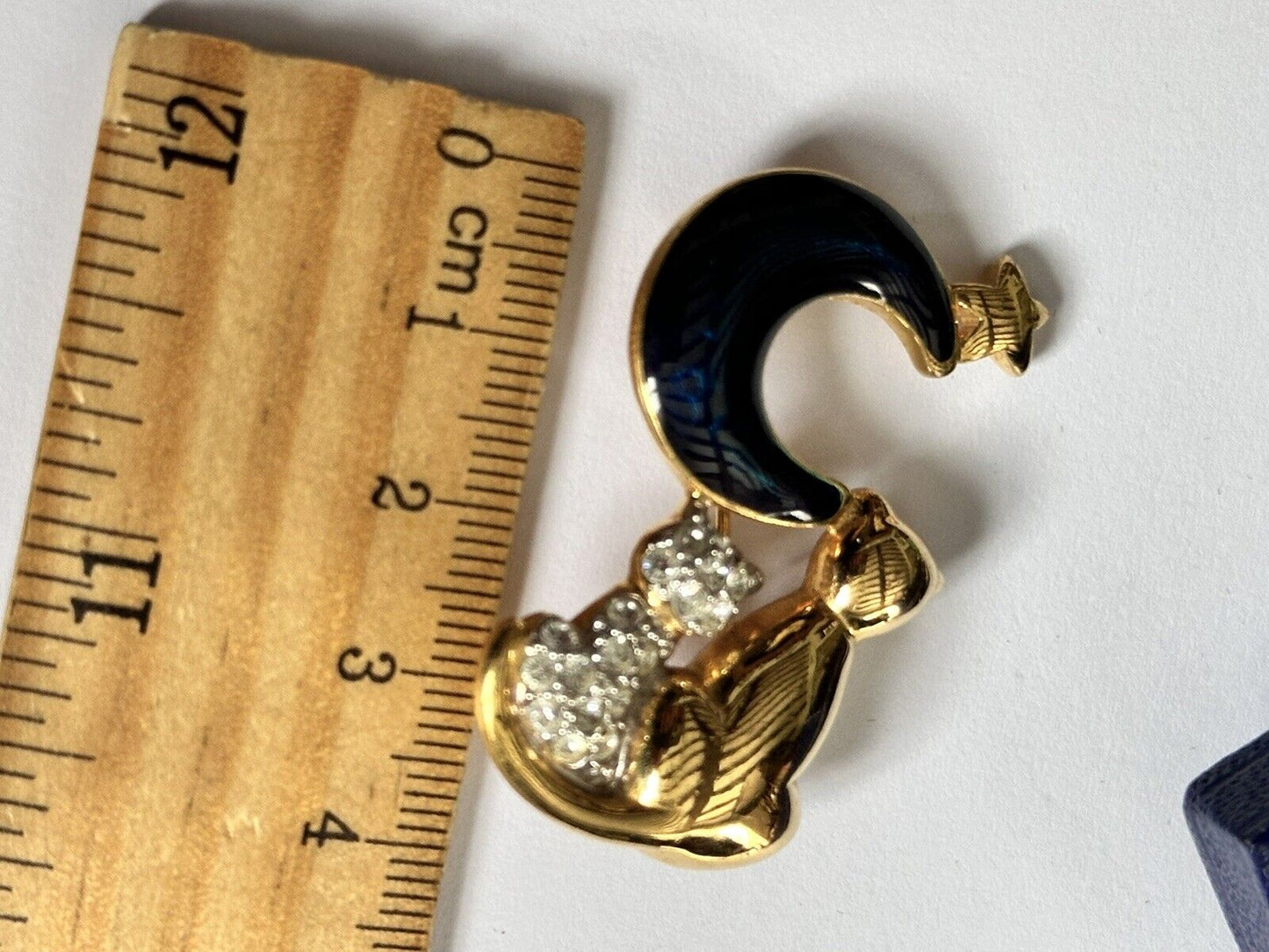 Vintage Gold Plated Blue Enamel Cats Moon Star Brooch