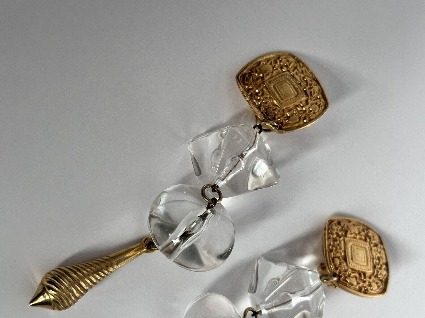 Vintage 1980s Gold Tone Acrylic Long Drop Statement Clip On Earrings