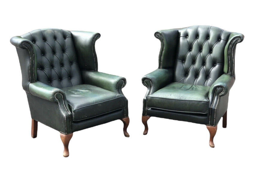 Green Leather Armchairs. Good Quality, Buttoned Back, Impressive